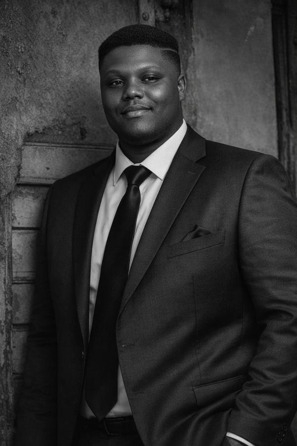 Portrait noir et blanc d'Ulysse VODOUNON, debout