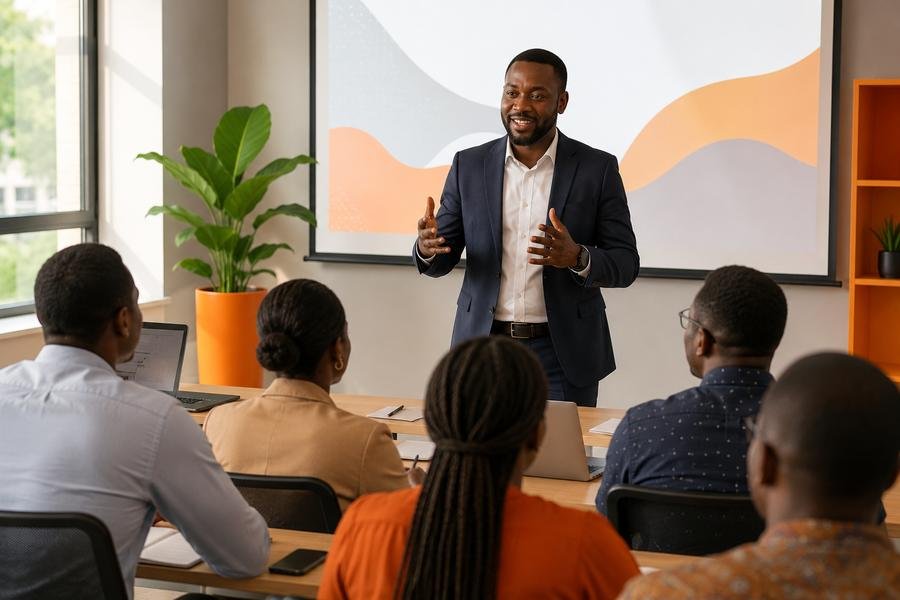 Ulysse VODOUNON animant une session de formation devant un groupe