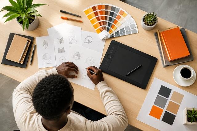 Croquis de logo et nuancier de couleurs pour un projet de branding visuel